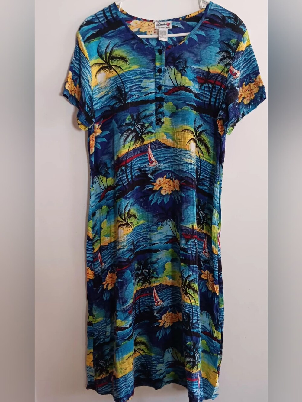 Tropical Hawaiian Print Button-Front Maxi Dress - Blue & Yellow
